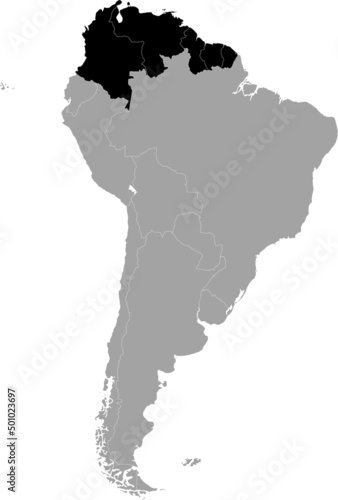Black Map of the countries of the northern region of South America within the gray map of the South American continent