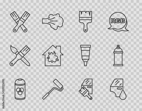 Set line Paint spray can, Car painting, brush, roller, Painting the house, and icon. Vector