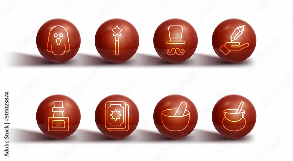 Set line Ghost, Bottle with potion, Magic stone, Witch cauldron, Tarot cards, wand, and Magician icon. Vector Set line Ghost, Bottle with potion, Magic stone, Witch cauldron, Tarot cards, wand, and Magician icon. Vector