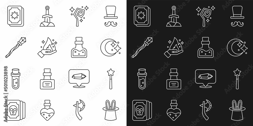Set line Magician hat and rabbit ears, wand, Moon stars, staff, Hand holding fire, Tarot cards and Bottle with potion icon. Vector