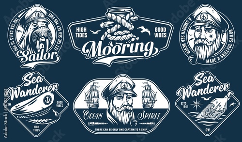 Marine nautical emblems, sea or ocean captain, seafarer wanderer prints set