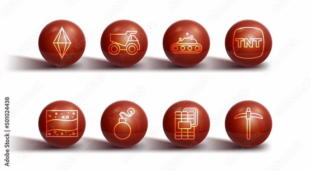 Set line Gem stone, Gold mine, Dynamite, Bomb, Mining dump truck, Pickaxe and Conveyor belt carrying coal icon. Vector Set line Gem stone, Gold mine, Dynamite, Bomb, Mining dump truck, Pickaxe and Conveyor belt carrying coal icon. Vector