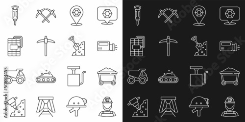 Set line Miner in a helmet, coal trolley, Flashlight, Gem stone, Pickaxe, Dynamite, Construction jackhammer and Shovel and icon. Vector