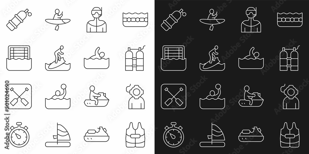 Set line Life jacket, Aqualung, Wetsuit for scuba diving, Surfboard, Water polo, and Swimmer icon. Vector