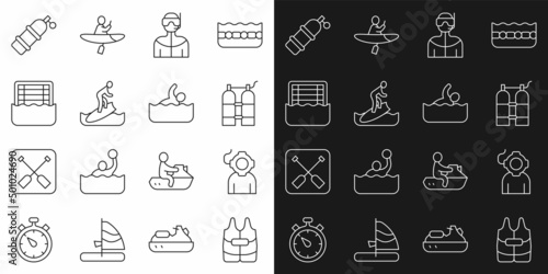 Set line Life jacket, Aqualung, Wetsuit for scuba diving, Surfboard, Water polo, and Swimmer icon. Vector