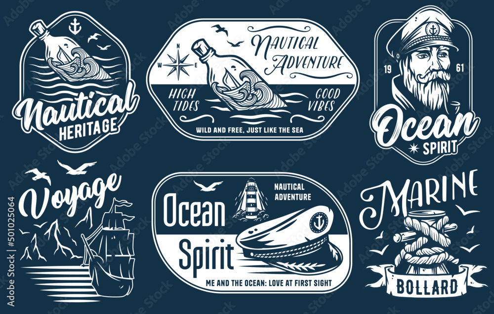 Nautical marine sailor prints, captain cap and bollard, sea wanderer ...