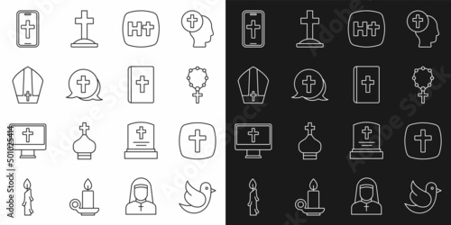 Set line Dove, Christian cross, Rosary beads religion, Pope hat, phone and Holy bible book icon. Vector