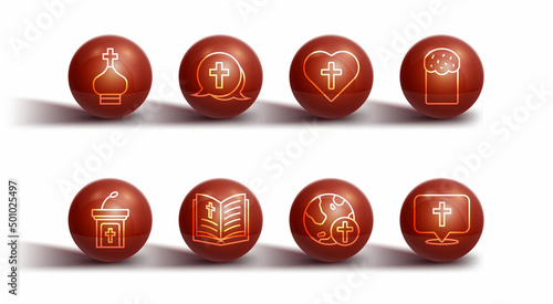 Set line Christian church tower, Church sermon tribune, Easter cake, cross with globe, Holy bible book, Location building and heart icon. Vector