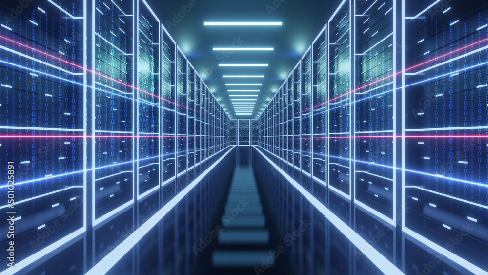 Obraz premium Computer network security server room data center. big data storage and cloud, 3D illustration