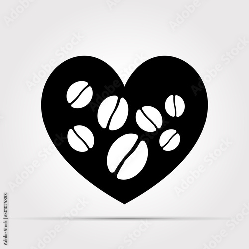 Flat style icon - I love coffee. Black and white version of the picture. Coffee beans on the background of the silhouette of the heart. Monochrome. Vector illustration. isolated object.