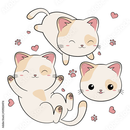 Mały uroczy kotek z rudymi łatami. Zestaw zwierzaków z różnymi minami i w różnych pozach. Kot w stylu kawaii. Ilustracja wektorowa na białym tle.