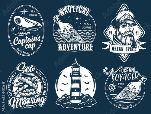 Nautical ocean lighthouse, sea marine bollard, captain cap, voyage and marine cruises