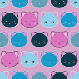 Koty - powtarzalny wzór - różowe i niebieskie kotki na jasnym tle. Uśmiechnięte, śpiące, smutne, zadowolone kocie głowy. Ilustracja wektorowa.