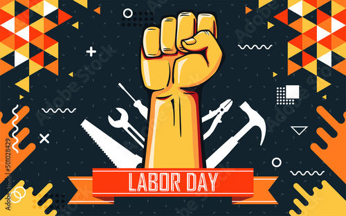International worker's day banner design with labor tools and hand fist. Abstract modern geometric background with yellow orange theme. 1st May solidarity with laborers and rights of work force.