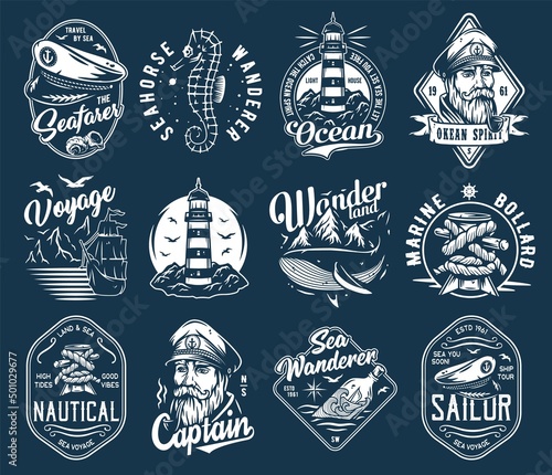 Nautical marine sailor prints, captain cap and bollard, sea ship wanderer, ocean spirit, seafarer walrus