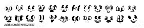 Vintage 50s cartoon and comic happy facial expressions. Old animation funny face caricatures. Retro quirky characters smile emoji set. Cute avatars with big eyes, cheeks and mouth