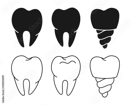 Tooth healthy and medical dental implant icon, simple stamp, silhouette or doodle outline set. Symbol modern dentistry hygiene clean molar teeth. Vector design element for logo, web site mobile app