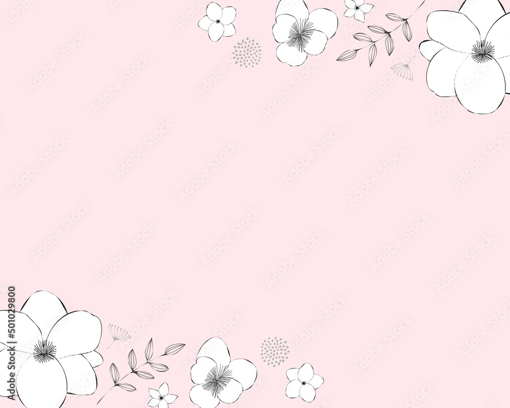 スケッチ風の花のフレーム（ピンク）