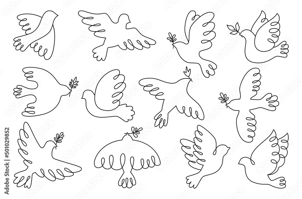 Peace symbol dove doodle outline set. Flying bird dove with olive branch line sign, peace and love pigeon icon. Freedom, humanity emblem peaceful and no war concept. Isolated logo design elements Peace symbol dove doodle outline set. Flying bird dove with olive branch line sign, peace and love pigeon icon. Freedom, humanity emblem peaceful and no war concept. Isolated logo design elements