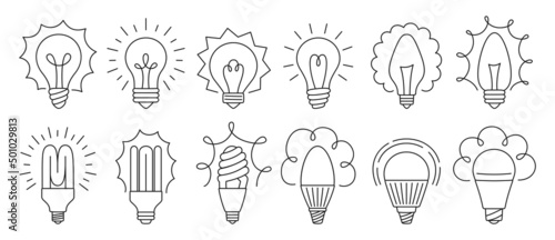 Light bulb doodle icon set. Classic retro glass lamp with rays shine  ecology led line sign  economy lightbulb. Symbol idea and creativity  innovation  modern invention. Saving electricity bulb