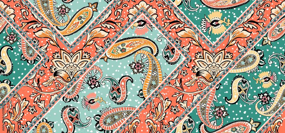 patchwork mosaic pattern with paisley and floral motifs. damask style pattern for textil and decoration patchwork mosaic pattern with paisley and floral motifs. damask style pattern for textil and decoration