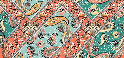 patchwork mosaic pattern with paisley and floral motifs. damask style pattern for textil and decoration