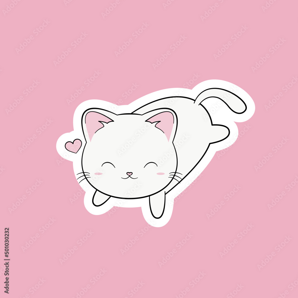 Biały leżący kot. Radosny zwierzak i serduszko na jasnym pastelowym różowym tle. Relaks, odpoczynek. - obrazy, fototapety, plakaty 