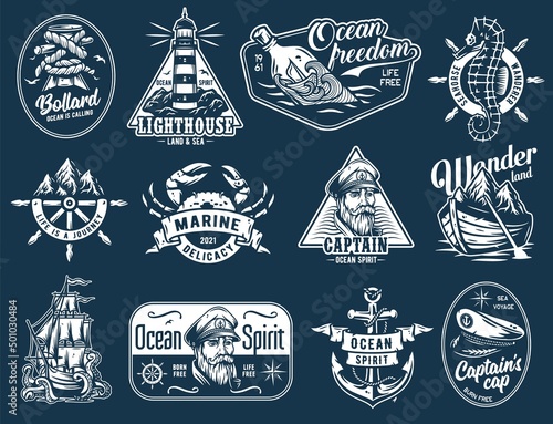 Nautical marine sailor prints, captain cap, anchor and bollard, sea wanderer, ocean spirit, seafarer emblems