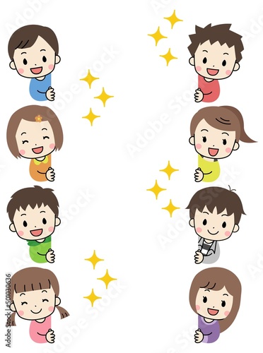 笑顔で顔をだす子供たち　主線あり