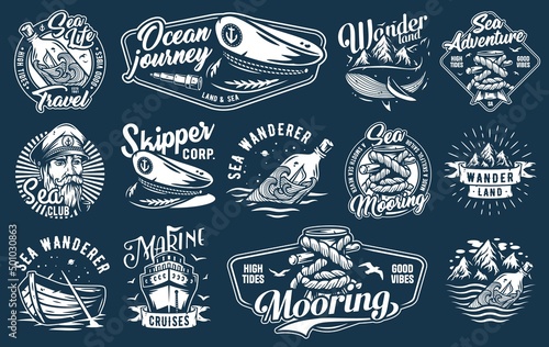 Nautical marine emblems, sea boat, ocean captain cap and ship, voyage and marine cruises