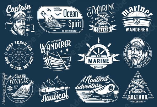 Nautical marine sailor prints, captain cap, anchor and bollard, sea wanderer, ocean spirit, seafarer emblems