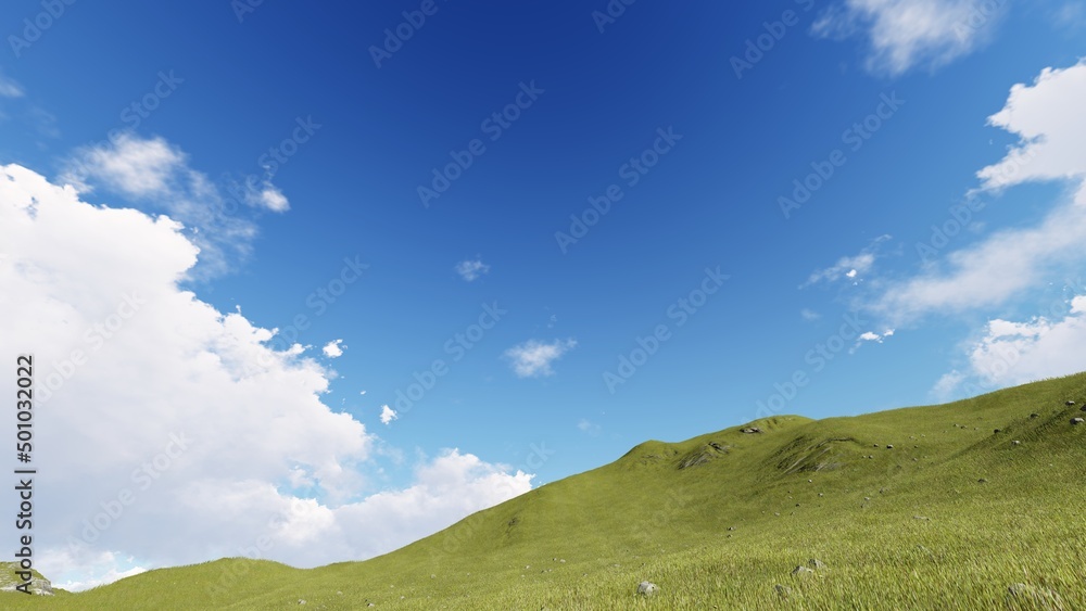 Green grass hill field under blue sky. 3D illustration. 3D rendering.