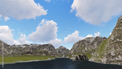 Green grass hill field under blue sky. 3D illustration. 3D rendering.