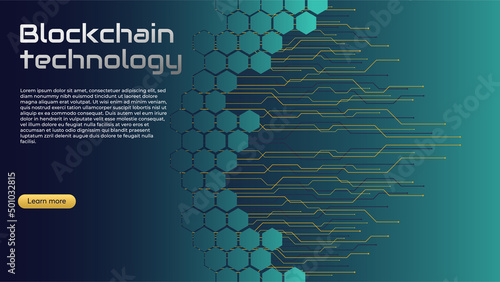 Blockchain technology concept, cryptocurrency. Working with tokens on the Internet, security. Futuristic background with elements in techno style microchips. Design banner template for web. Copyspace. (ID: 501032815)
