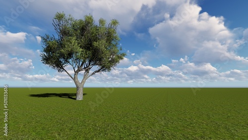 Green grass hill field under blue sky. 3D illustration. 3D rendering.