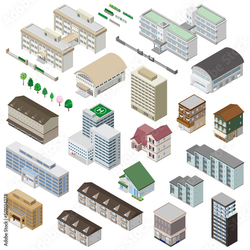 様々な建物の立体図イラスト. 建物の外観.