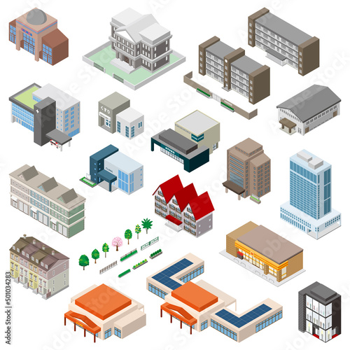 様々な建物の立体図イラスト. 建物の外観.