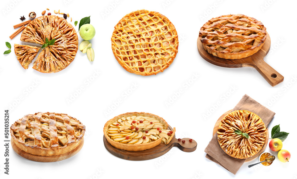 Set of tasty apple pies isolated on white Set of tasty apple pies isolated on white