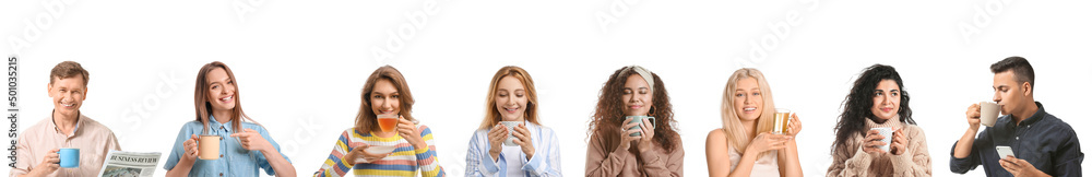Set of different people drinking hot black tea isolated on white Set of different people drinking hot black tea isolated on white
