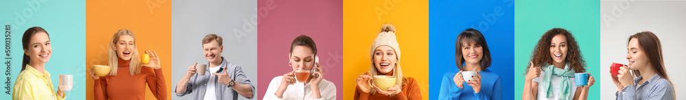 Set of people drinking hot black tea on colorful background Set of people drinking hot black tea on colorful background