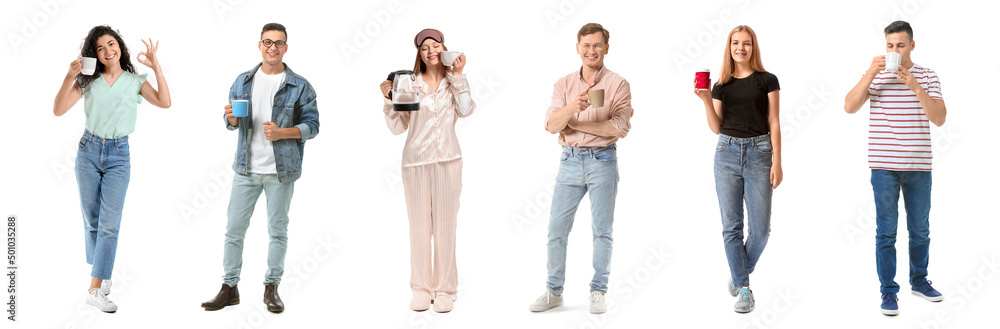 Set of young people drinking hot black tea isolated on white Set of young people drinking hot black tea isolated on white