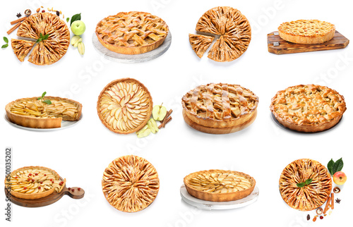 Set of tasty apple pies isolated on white