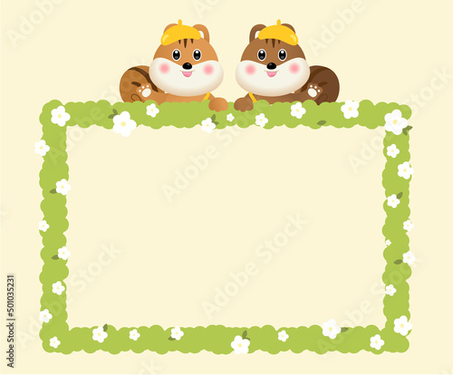 A squirrel character wearing a kindergarten hat and a flower-shaped frame illustration set. memo, frame, note, kid, tag. Vector drawing. Hand drawn style.