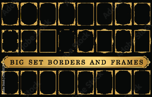 Set of Decorative vintage frames and borders on Black bacground, Gold photo frame with corner Thailand line floral for picture