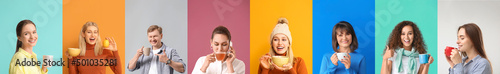 Panel kuchenny z motywem Set of people drinking hot black tea on colorful background