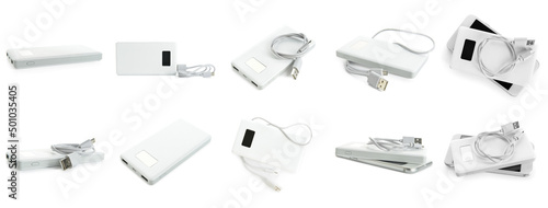 Set of power banks and phones isolated on white