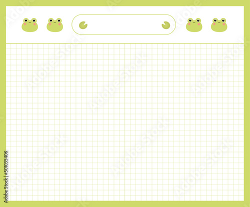 Cute and colorful frog icon and memo pad illustration set. grid style, memo template, text box, manuscript paper frame background. Vector drawing. Hand drawn style.