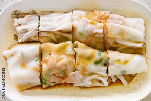 top view traditonal Cantonese food of cheong fun or rice noodle rolls horizontal composition photo
