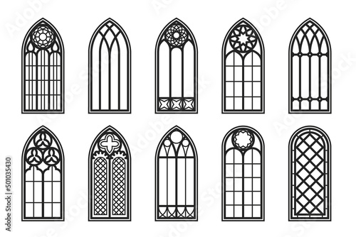 Gothic windows outline set. Silhouette of vintage stained glass church frames. Element of traditional european architecture. Vector