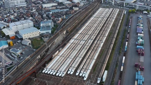Nozomi Shinkansen Bullet Trains, Aerial 4k Pan Establishing Shot
